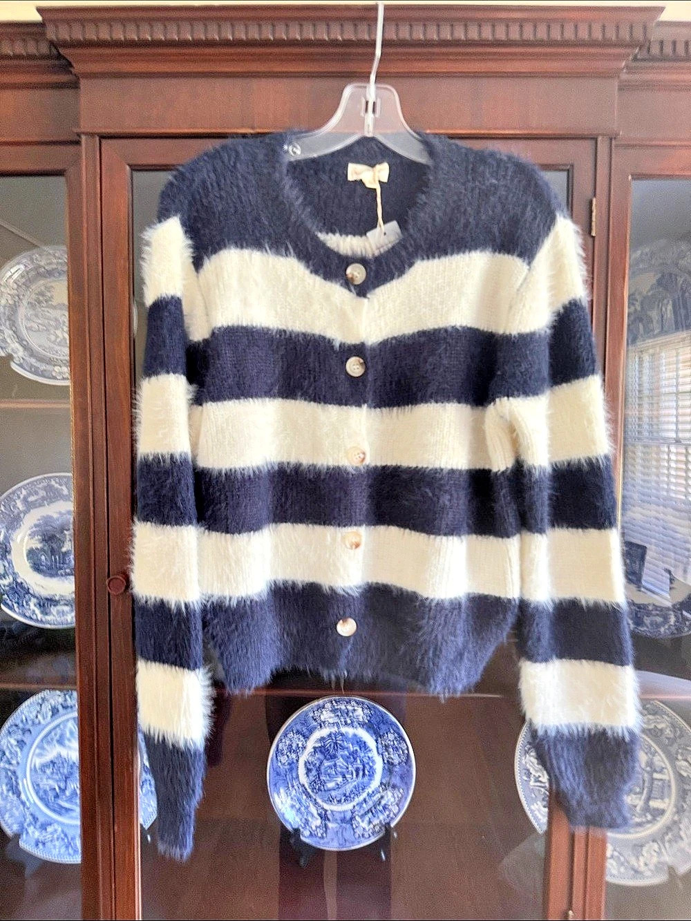 Hem & Thread Striped Cardigan in Blue & White Size Large NWT